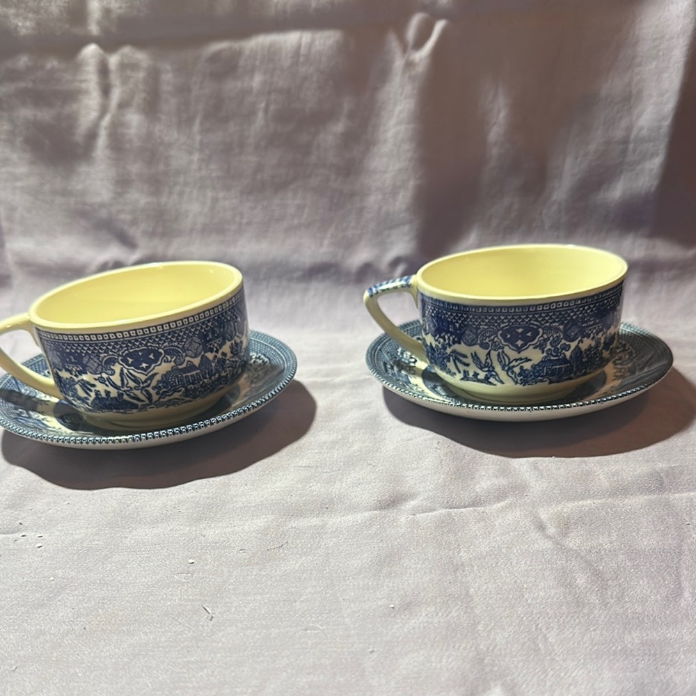 Source Unknown Blue and Cream Ceramic Mugs